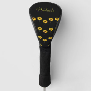 Custom name yellow sunflowers on black golf head cover