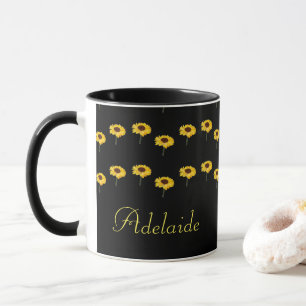 Custom name yellow sunflowers on black mug