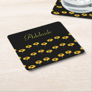 Custom name yellow sunflowers on black square paper coaster