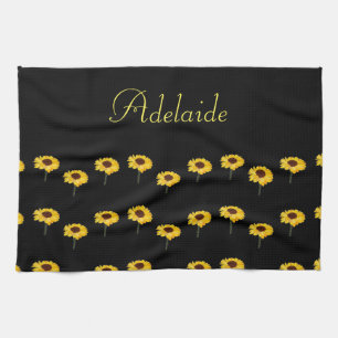 Custom name yellow sunflowers on black tea towel