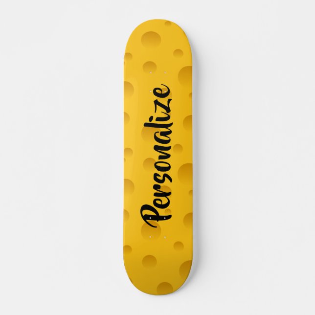 Custom name yellow swiss cheese skateboard deck (Front)
