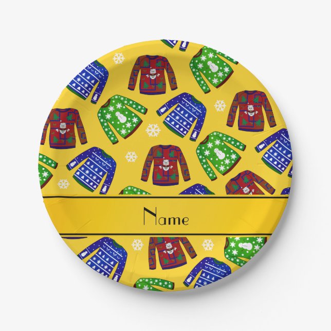 Custom name yellow ugly christmas sweater pattern paper plate (Front)