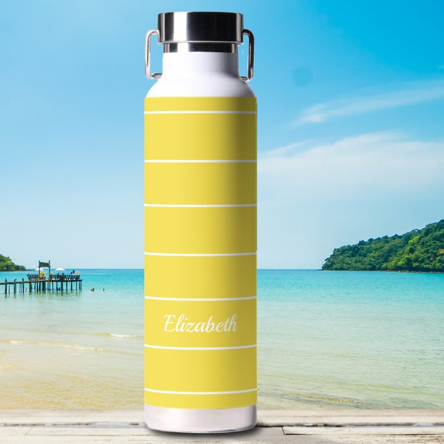 Custom Name Yellow White Striped Modern Pattern Water Bottle (Creator Uploaded)