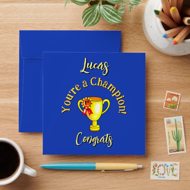 Custom Name "You're A Champion!" Gold Trophy Envelope (Desk)