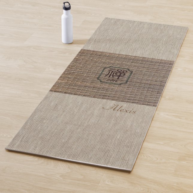 Custom name Zen Om burlap tatami print rustic yoga Mat (In Situ)