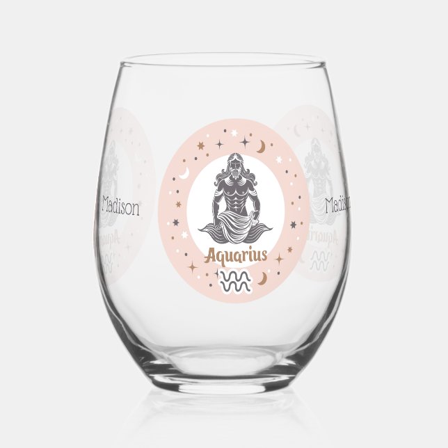 Custom Name Zodiac Sign Aquarius Stemless Wine Glass (Back)