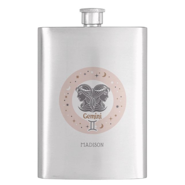 Custom Name Zodiac Sign Gemini Hip Flask (Front)