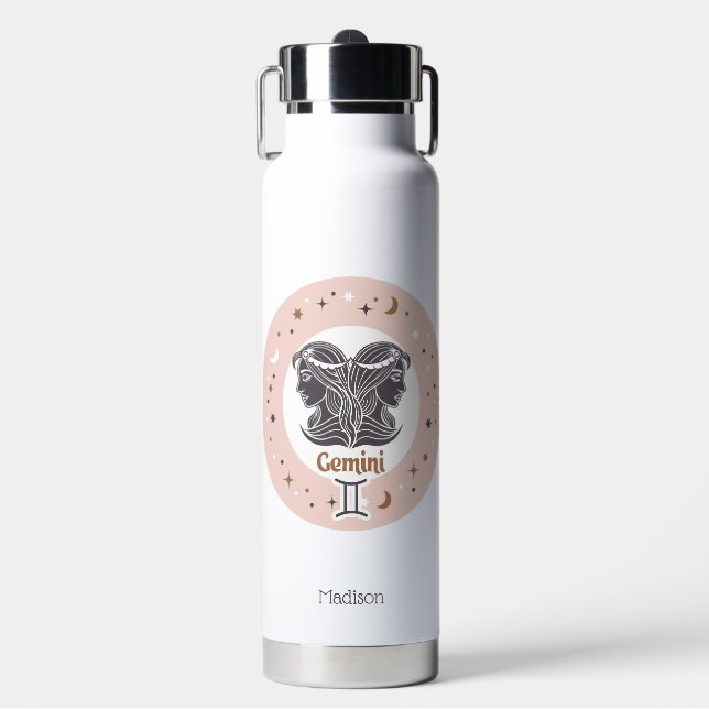 Custom Name Zodiac Sign Gemini Water Bottle (Front)