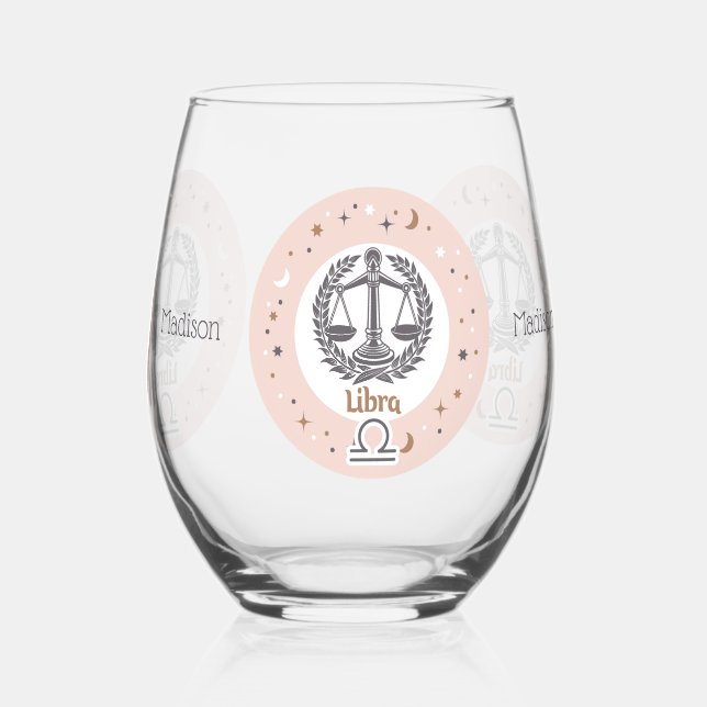Custom Name Zodiac Sign Libra Stemless Wine Glass (Back)