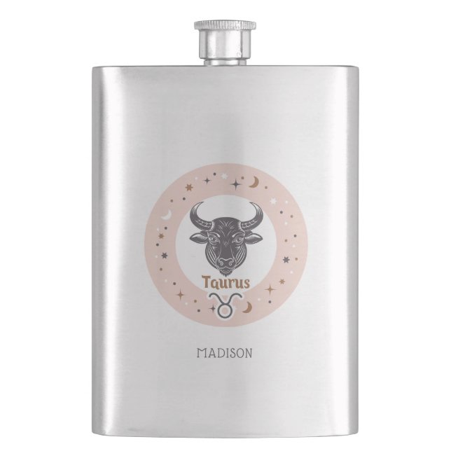 Custom Name Zodiac Sign Taurus Hip Flask (Front)