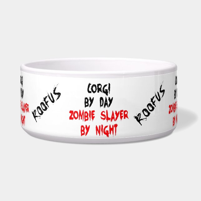 Custom Named Corgi Dog Zombie Joke Food Bowl (Front)