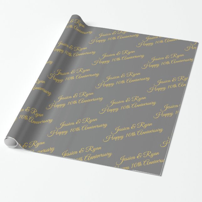 Custom Names, Anniversary, Gold Script on Grey Wrapping Paper (Unrolled)