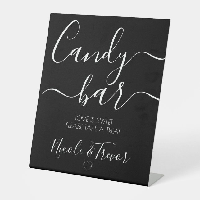 Custom Names Black Calligraphy Candy Bar Pedestal Sign (Front)