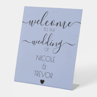 Custom Names Blue Calligraphy Wedding Welcome Pedestal Sign