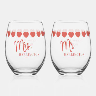 Custom Names & Date Love Heart Stemless Wine Glass