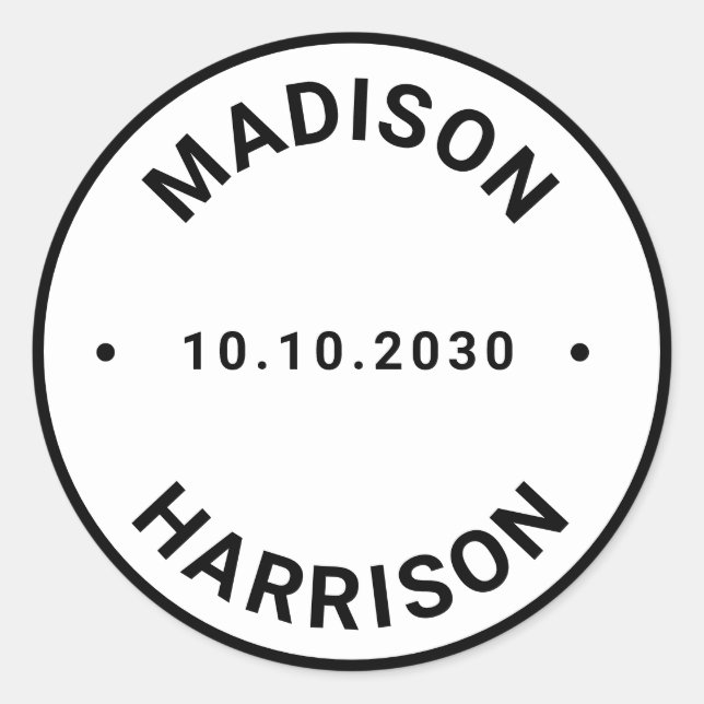 Custom names date round seal wedding favour sticke (Front)