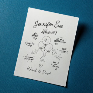 Custom Names Doodle Modern Balloon Birthday Card