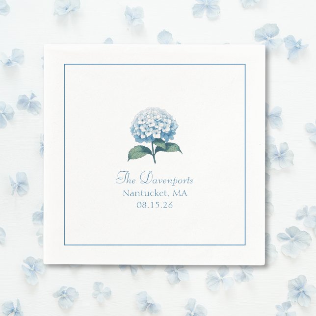 Custom Names Elegant Light Blue Hydrangea Wedding Napkin (Elegant dusty blue hydrangea napkins for a timeless wedding. Personalize for your big day!)