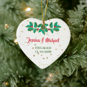 Custom Names Engaged Red Green Holly Ceramic Ornament