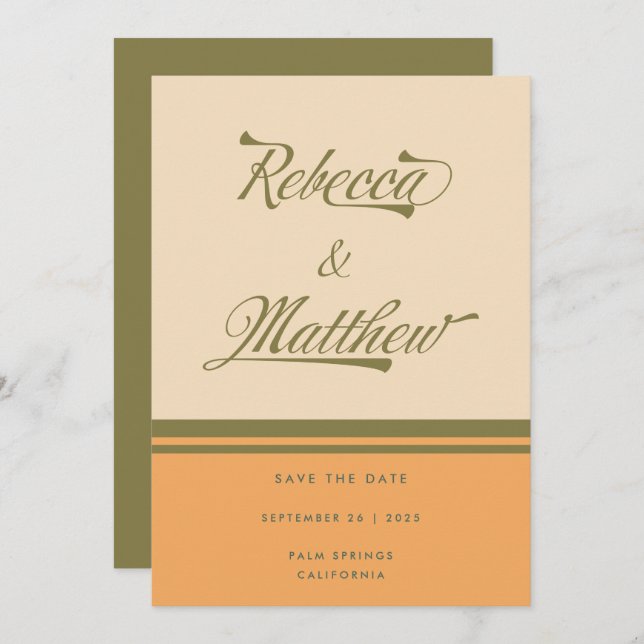 CUSTOM NAMES Green 70s Stripes Retro Wedding  Save The Date (Front/Back)