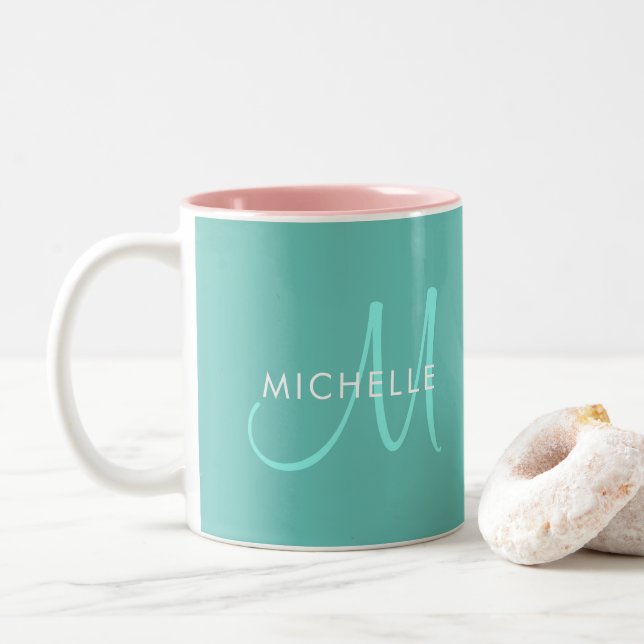 Custom Names Initial Monogram Light Teal Template Two-Tone Coffee Mug (With Donut)