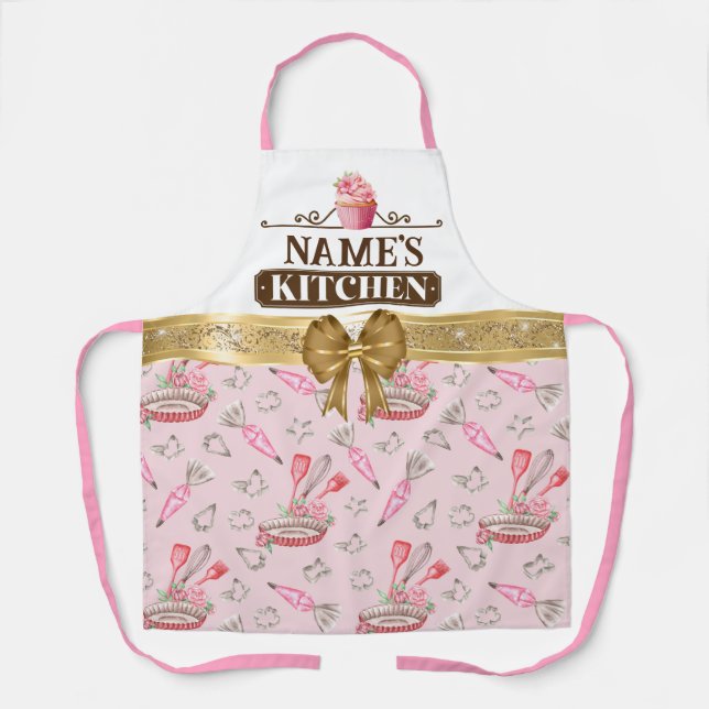 Custom Name's kitchen, Baking tool, and Gold Bow Apron (Front)