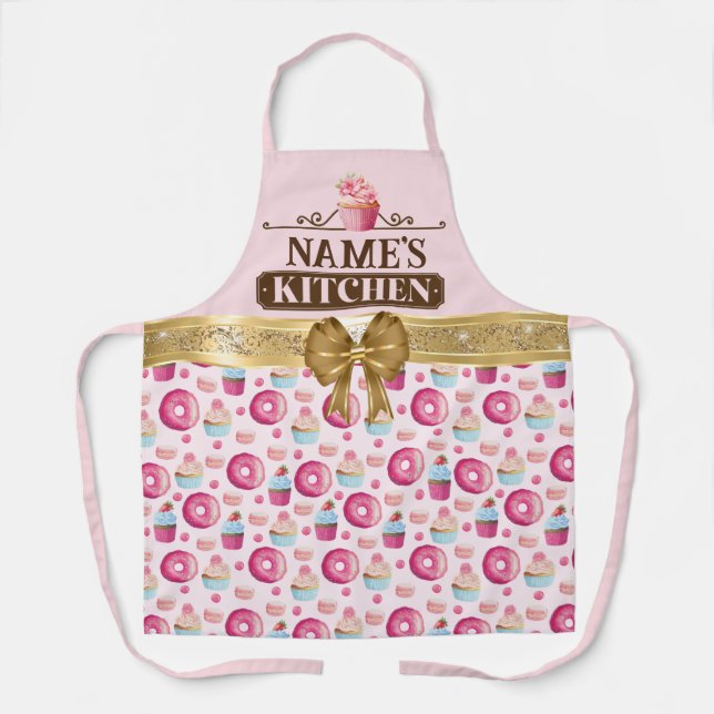 Custom Name's kitchen, Happy Baking and Gold Bow Apron (Front)