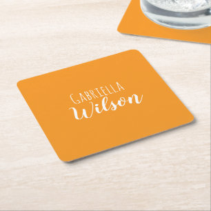 Custom names modern orange minimalist square paper coaster