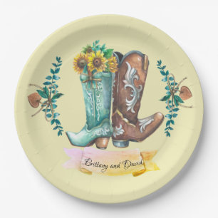 Custom names Newlyweds Rustic Cowboy Boots Paper Plate