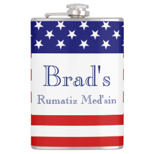 Custom Name's Rumatiz Medsin with USA Flag flat Hip Flask