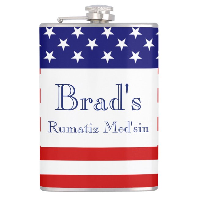 Custom Name's Rumatiz Medsin with USA Flag flat Hip Flask (Front)