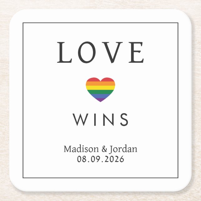 Custom Names / Text Rainbow LOVE Square Paper Coaster (Front)
