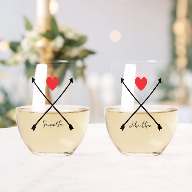 Custom Names Valentine's Day Red Hearts & Arrows Stemless Wine Glass (Creator Uploaded)