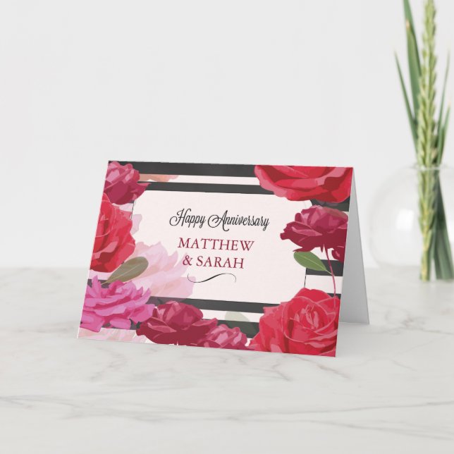 Custom Names Wedding Anniversary Roses, Stripes Card (Front)