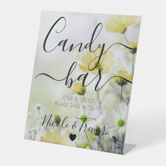 Custom Names Yellow Flowers Calligraphy Candy Bar Pedestal Sign