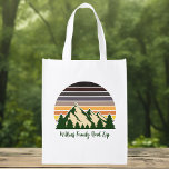 Custom Nature Family Vacation Green Forest Reusable Grocery Bag<br><div class="desc">Customise your own family road trip reusable grocery bags to embark on a journey through nature this summer or fall. Personalise with your last name underneath the green forest of trees and dark mountain sunset for a cool vacation keepsake for your outdoor group.</div>