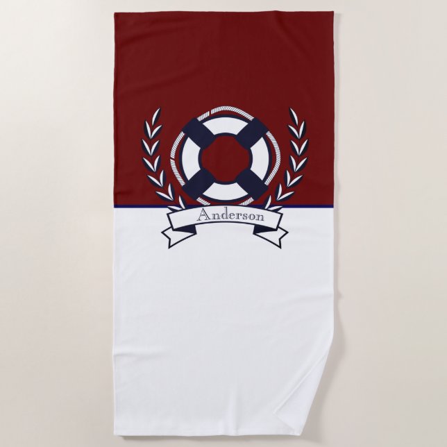 Custom Nautical Anchor Bathroom Burgundy Navy Blue Beach Towel (Front)