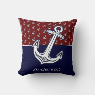 Custom Nautical Anchor Bathroom Maroon Navy Blue Cushion