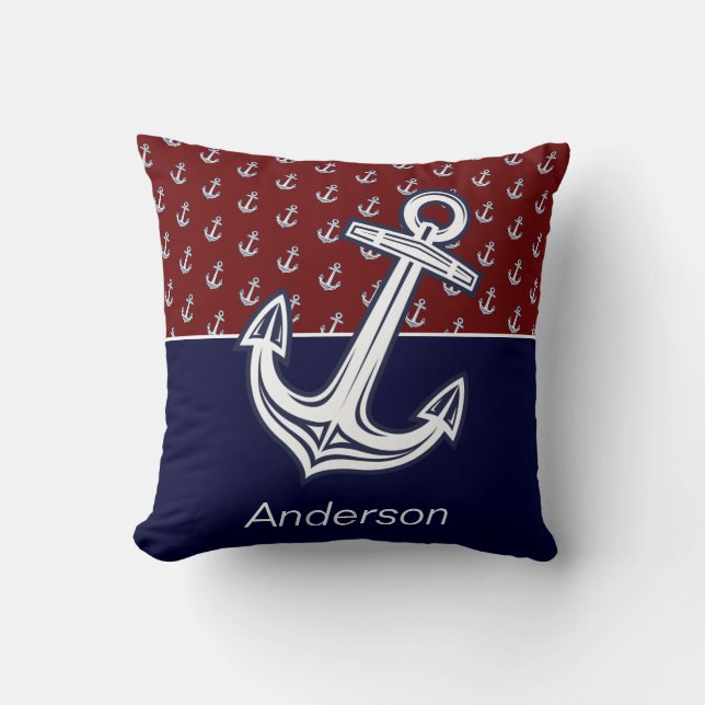 Custom Nautical Anchor Bathroom Maroon Navy Blue Cushion (Front)