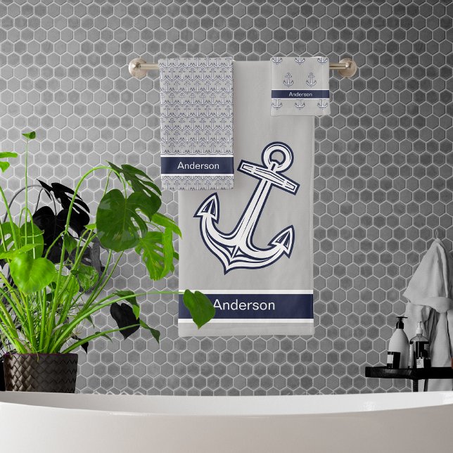 Custom Nautical Anchor  Bathroom Navy Blue Grey Bath Towel Set (Creator Uploaded)