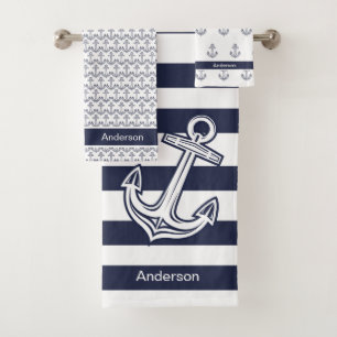 Custom Nautical Anchor Bathroom Navy Blue  stripes Bath Towel Set