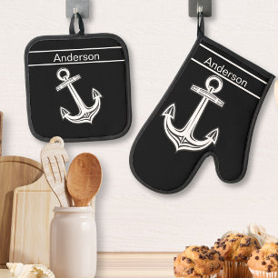 Custom Nautical Anchor Bathroom Ocean Black White Oven Mitt & Pot Holder Set