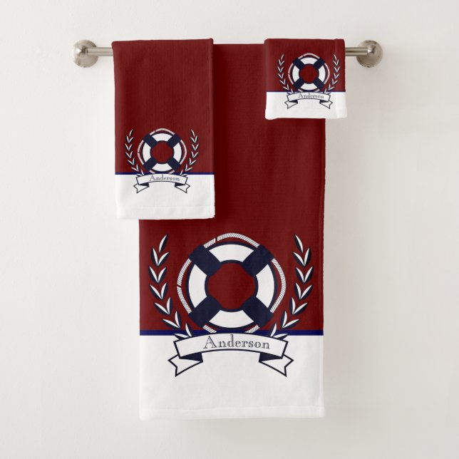 Custom Nautical Anchor  Bathroom Ocean Navy Blue B Bath Towel Set (Insitu)