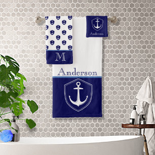 Custom Nautical Anchor  Bathroom Ocean Navy Blue B Bath Towel Set