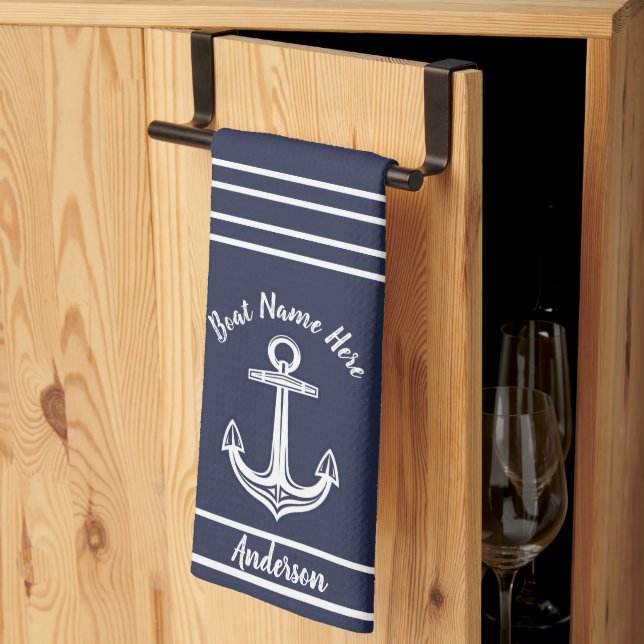 Custom Nautical Anchor  Bathroom Ocean Navy Blue B Tea Towel (Thirds Fold)