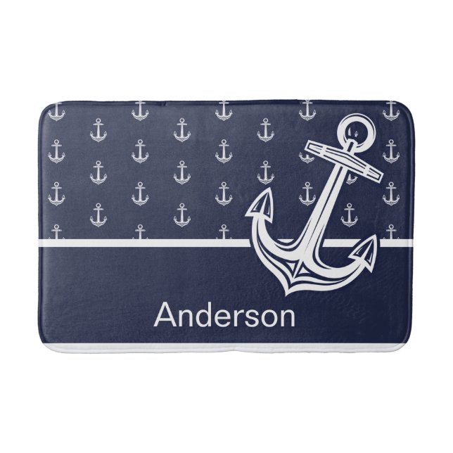 Custom Nautical Anchor  Bathroom Ocean Navy Blue   Bath Mat (Front)