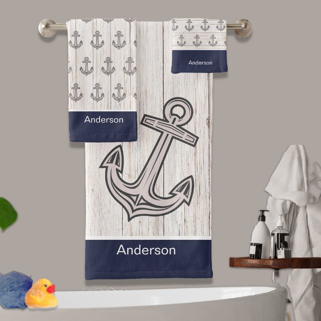 Custom Nautical Anchor  Bathroom Ocean Navy Blue  Bath Towel Set (Creator Uploaded)