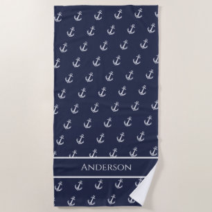 Custom Nautical Anchor Bathroom Ocean Navy Blue Beach Towel