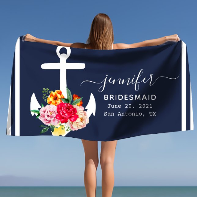 Custom Nautical Anchor Bathroom Ocean Navy Blue Beach Towel (Floral Anchor Bridesmaid Gift Personalized Name Beach Towel)