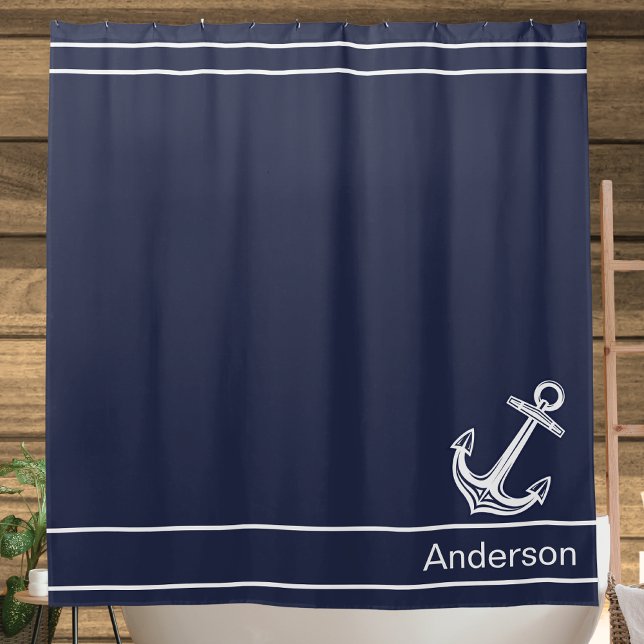 Custom Nautical Anchor  Bathroom Ocean Navy Blue   Shower Curtain (Creator Uploaded)